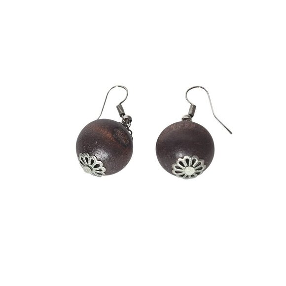 Brown Wooden Ball Bead Dangle Drop Earrings Costume Jewelry - Picture 2 of 2